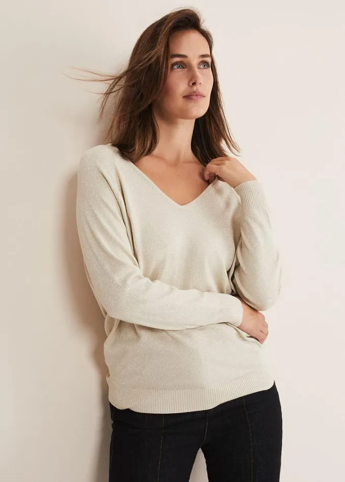 Phase Eight Senita V Neck Lurex Jumper Gold Women Knitwear