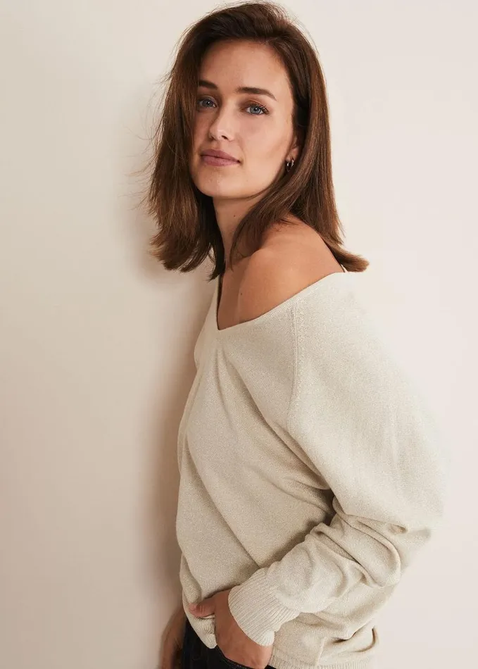 Phase Eight Senita V Neck Lurex Jumper Gold Women Knitwear