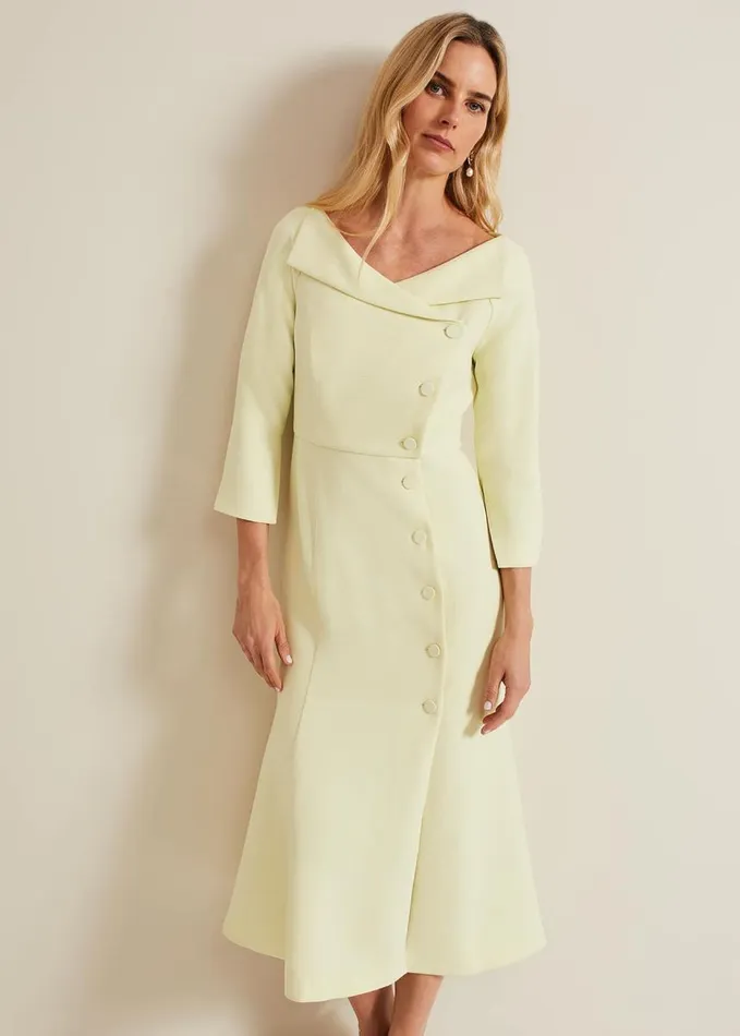 Phase Eight Sienna Tux Button Midi Dress Pale Yellow Women Dresses
