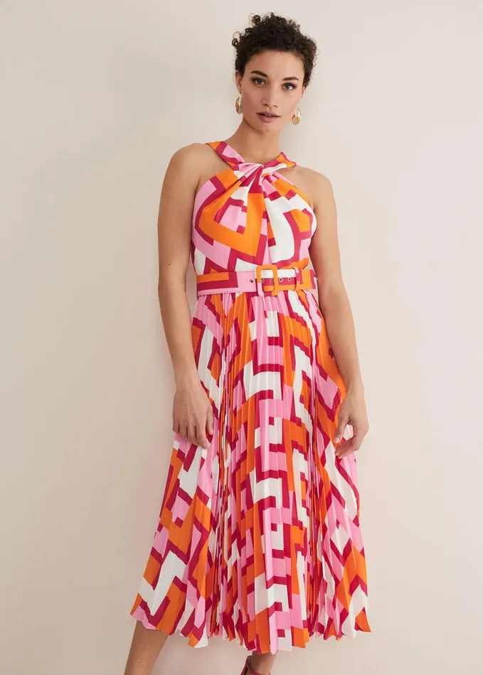 Phase Eight Yas Abstract Halterneck Midi Dress Pinkorange Women Dresses