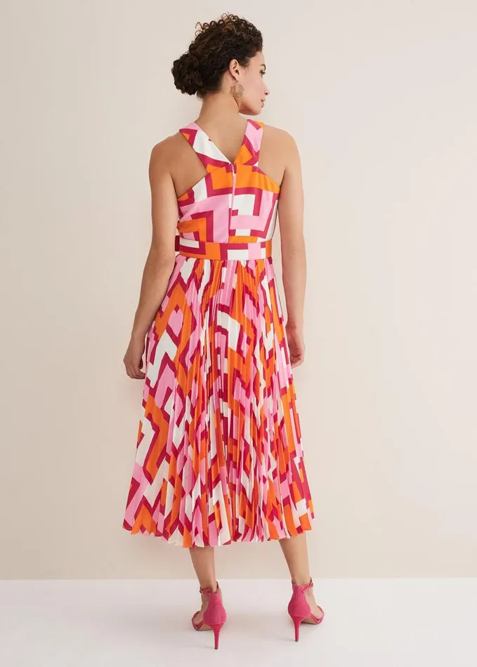 Phase Eight Yas Abstract Halterneck Midi Dress Pinkorange Women Dresses