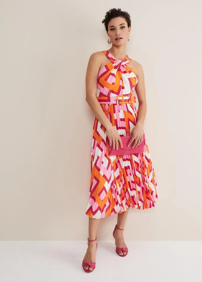 Phase Eight Yas Abstract Halterneck Midi Dress Pinkorange Women Dresses