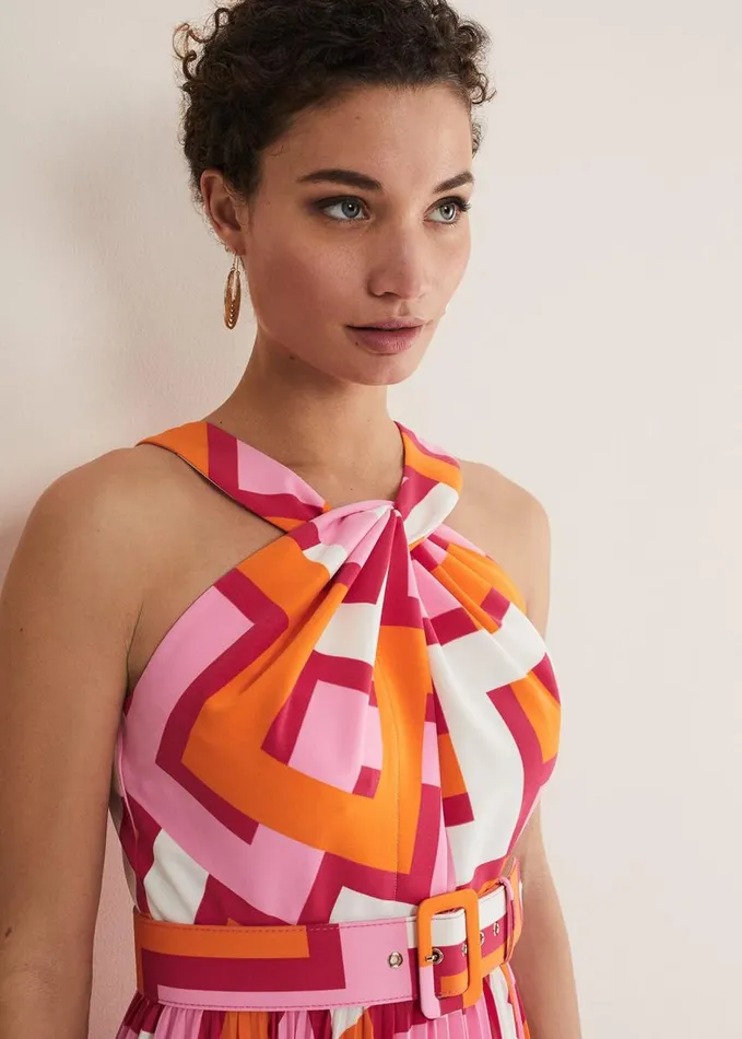 Phase Eight Yas Abstract Halterneck Midi Dress Pinkorange Women Dresses