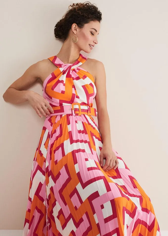 Phase Eight Yas Abstract Halterneck Midi Dress Pinkorange Women Dresses