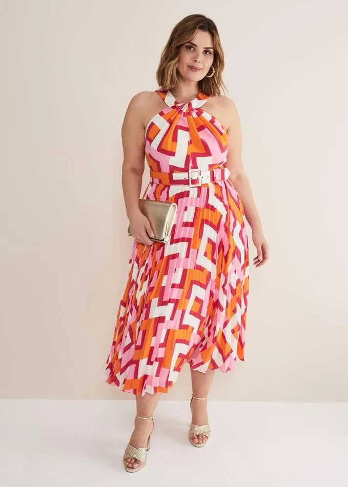 Phase Eight Yas Abstract Halterneck Midi Dress Pinkorange Women Dresses