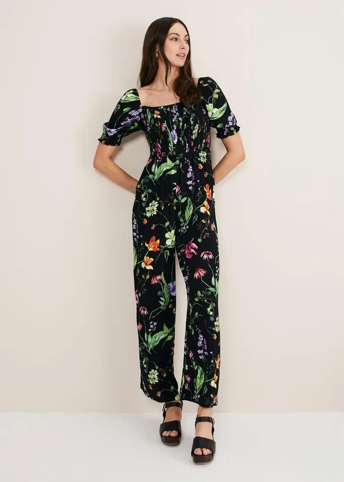 Phase Eight Zaylah Floral Shirred Waist Jumpsuit Black Women Dresses