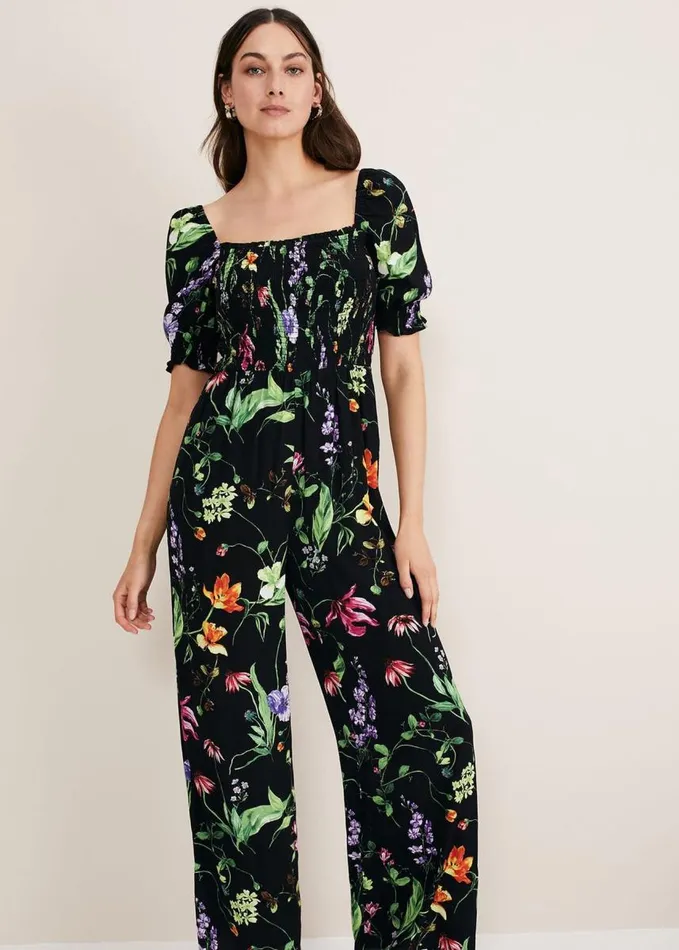 Phase Eight Zaylah Floral Shirred Waist Jumpsuit Black Women Dresses