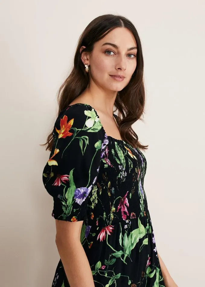 Phase Eight Zaylah Floral Shirred Waist Jumpsuit Black Women Dresses