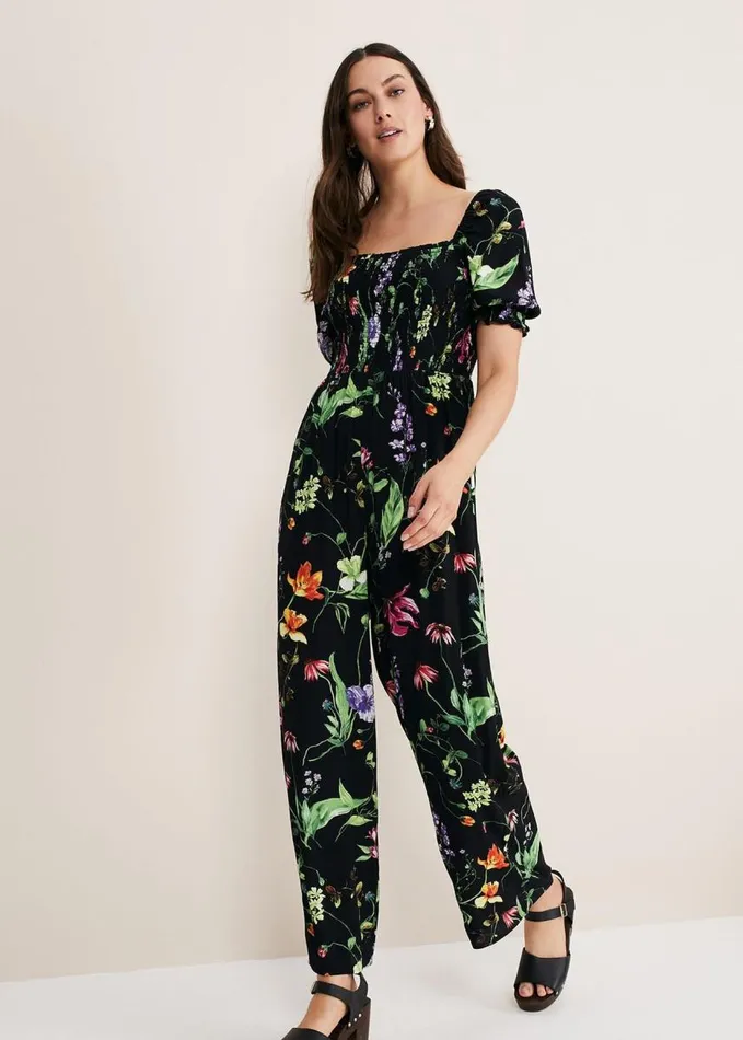 Phase Eight Zaylah Floral Shirred Waist Jumpsuit Black Women Dresses