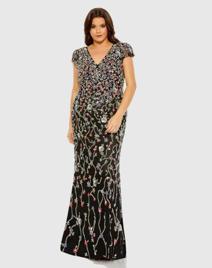 Plus Size Dresses Embellished Flutter Cap Sleeve V Neck Gown Black Multi Mac Duggal Women
