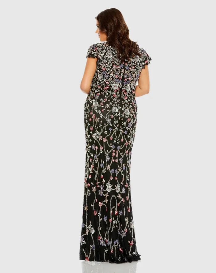 Plus Size Dresses Embellished Flutter Cap Sleeve V Neck Gown Black Multi Mac Duggal Women Plus Size Dresses Embellished Flutter Cap Sleeve V Neck Gown Black Multi Mac Duggal Women