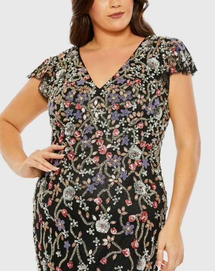 Plus Size Dresses Embellished Flutter Cap Sleeve V Neck Gown Black Multi Mac Duggal Women Plus Size Dresses Embellished Flutter Cap Sleeve V Neck Gown Black Multi Mac Duggal Women