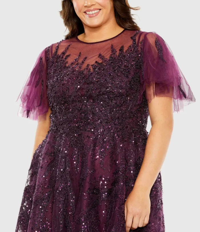 Plus Size Dresses High Neck Flutter Sleeve A Line Embellished Dress Plum Mac Duggal Women Plus Size Dresses High Neck Flutter Sleeve A Line Embellished Dress Plum Mac Duggal Women