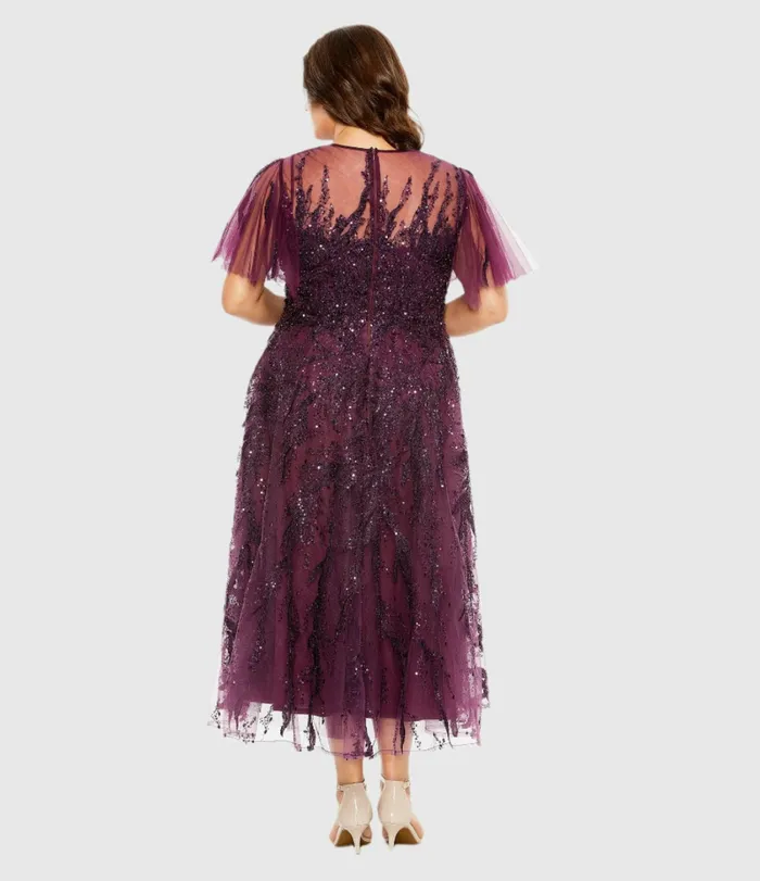 Plus Size Dresses High Neck Flutter Sleeve A Line Embellished Dress Plum Mac Duggal Women Plus Size Dresses High Neck Flutter Sleeve A Line Embellished Dress Plum Mac Duggal Women