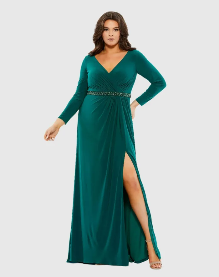 Plus Size Dresses Mac Duggal Women Beaded Belt Jersey Faux Wrap Long Sleeve Gown Emerald Plus Size Dresses Mac Duggal Women Beaded Belt Jersey Faux Wrap Long Sleeve Gown Emerald