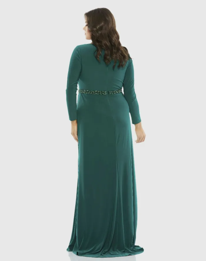 Plus Size Dresses Mac Duggal Women Beaded Belt Jersey Faux Wrap Long Sleeve Gown Emerald