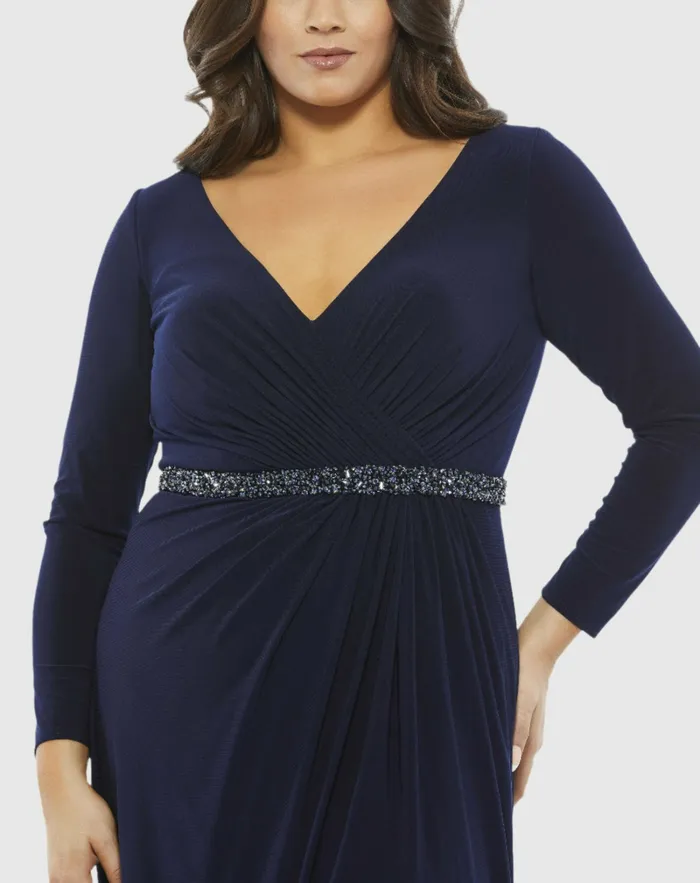 Plus Size Dresses Mac Duggal Women Beaded Belt Jersey Faux Wrap Long Sleeve Gown Emerald