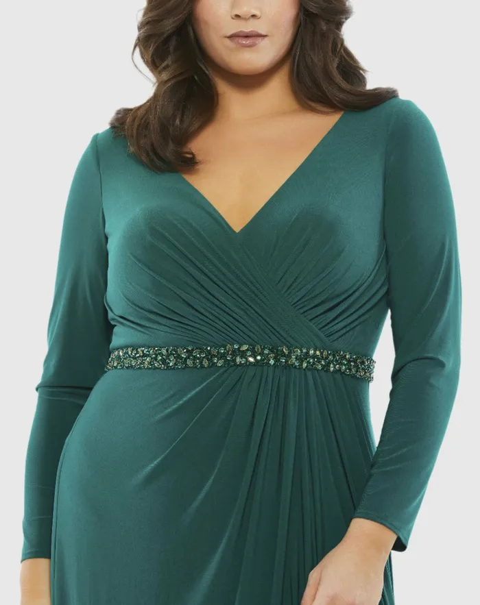 Plus Size Dresses Mac Duggal Women Beaded Belt Jersey Faux Wrap Long Sleeve Gown Emerald