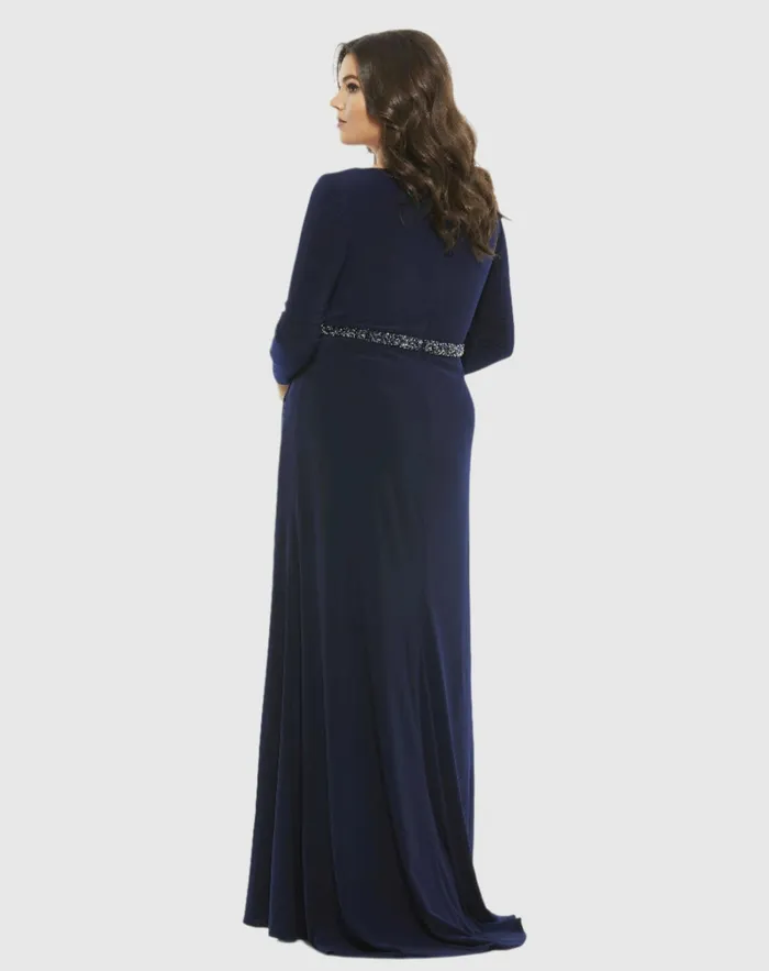 Plus Size Dresses Mac Duggal Women Beaded Belt Jersey Faux Wrap Long Sleeve Gown Emerald