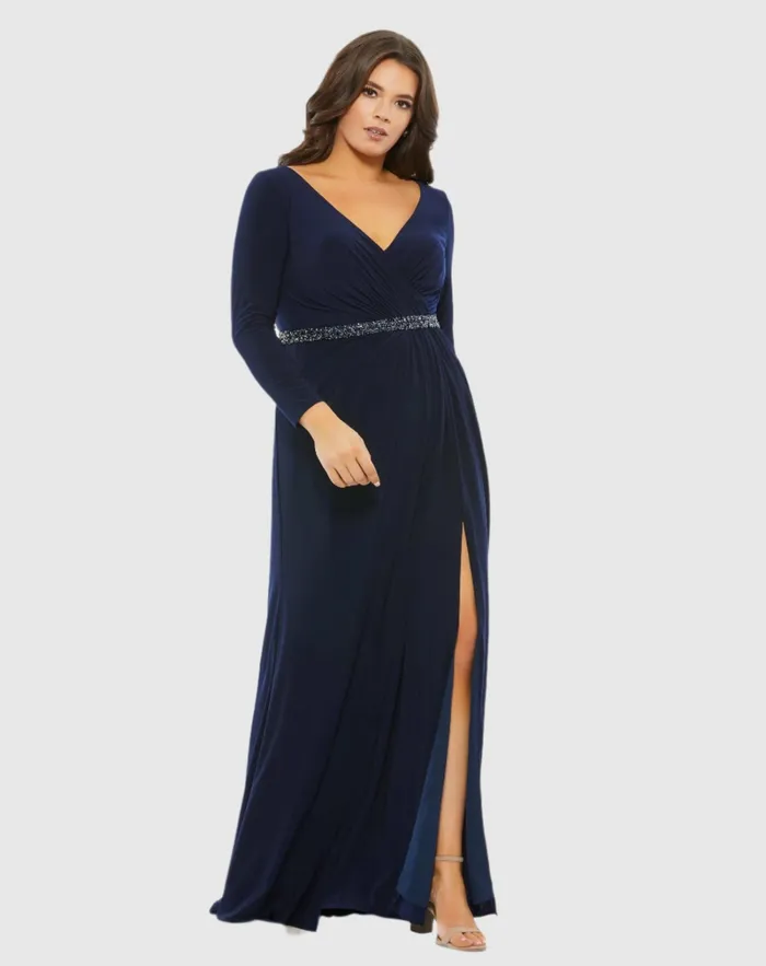 Plus Size Dresses Mac Duggal Women Beaded Belt Jersey Faux Wrap Long Sleeve Gown Emerald