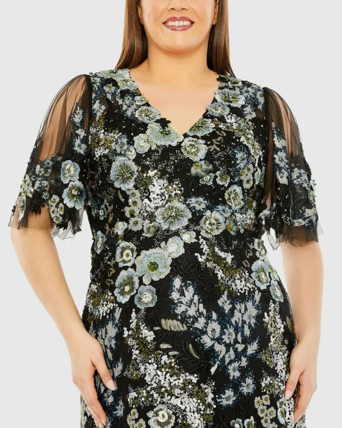 Plus Size Dresses Women Mac Duggal Sheer Sleeve V Neck Floral Embroidered Dress Black Multi