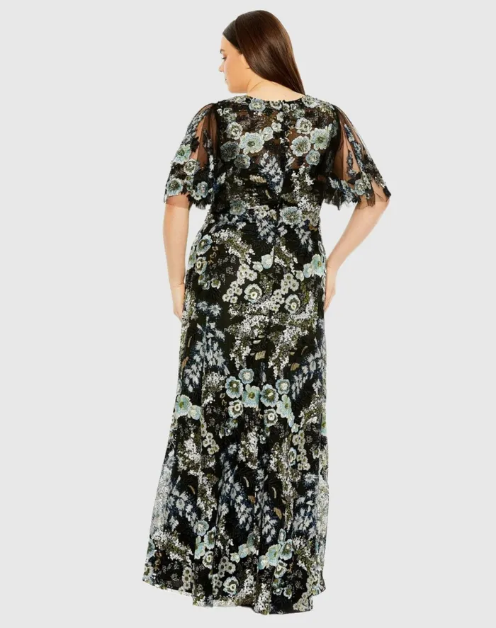 Plus Size Dresses Women Mac Duggal Sheer Sleeve V Neck Floral Embroidered Dress Black Multi