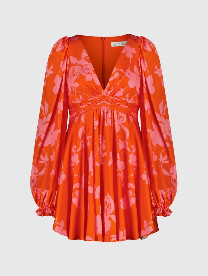 Printed Charmeuse Bishop Sleeve V Neck Mini Dress Sunset Multi Every Day Dresses Mac Duggal Women