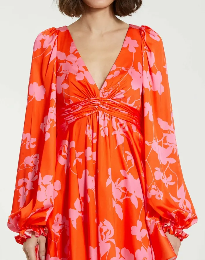 Printed Charmeuse Bishop Sleeve V Neck Mini Dress Sunset Multi Every Day Dresses Mac Duggal Women