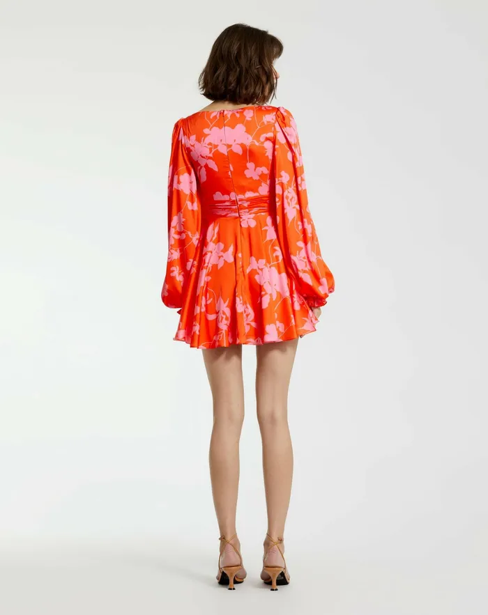 Printed Charmeuse Bishop Sleeve V Neck Mini Dress Sunset Multi Every Day Dresses Mac Duggal Women