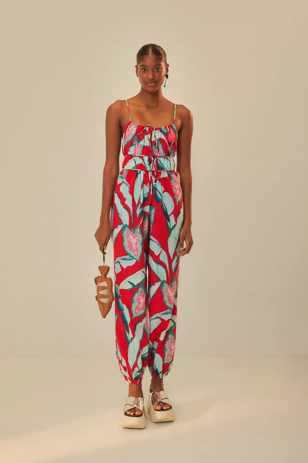 Red Summer Foliage Organic Cotton Jumpsuit Women Farm Rio Jumpsuits
