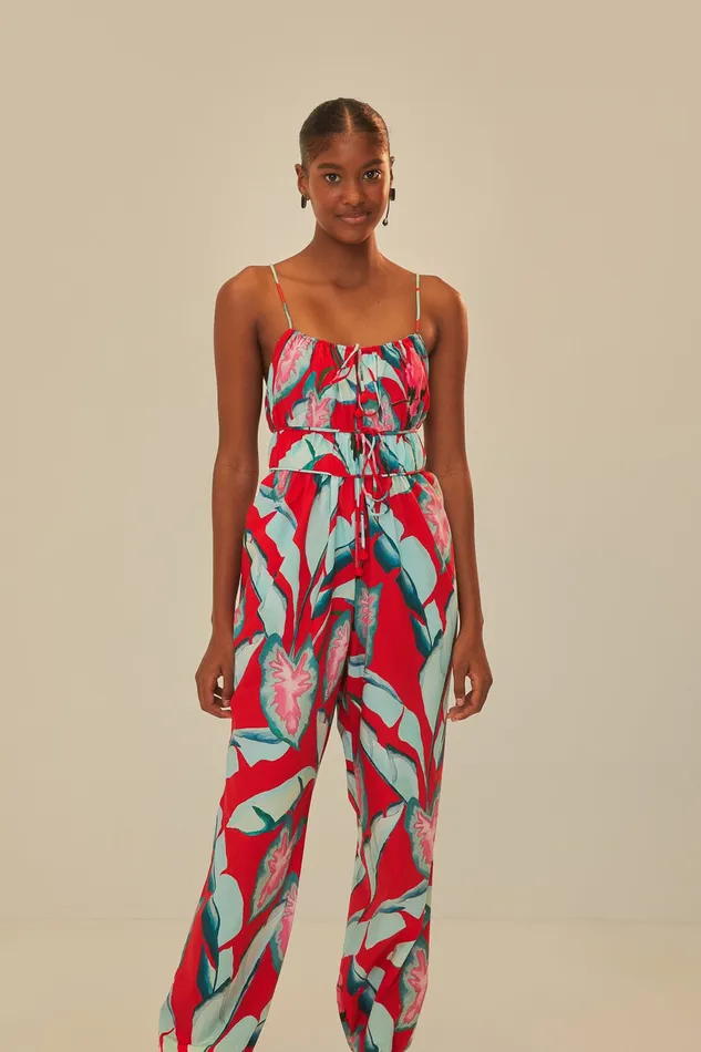 Red Summer Foliage Organic Cotton Jumpsuit Women Farm Rio Jumpsuits