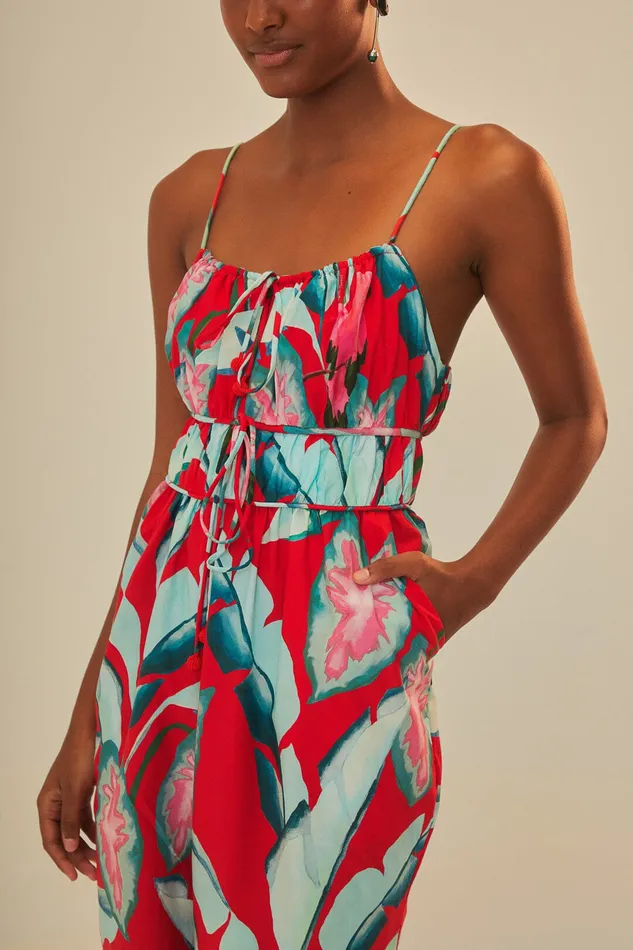 Red Summer Foliage Organic Cotton Jumpsuit Women Farm Rio Jumpsuits