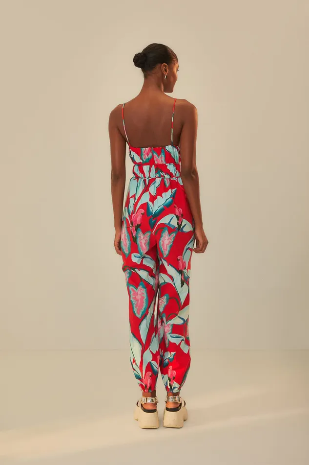 Red Summer Foliage Organic Cotton Jumpsuit Women Farm Rio Jumpsuits