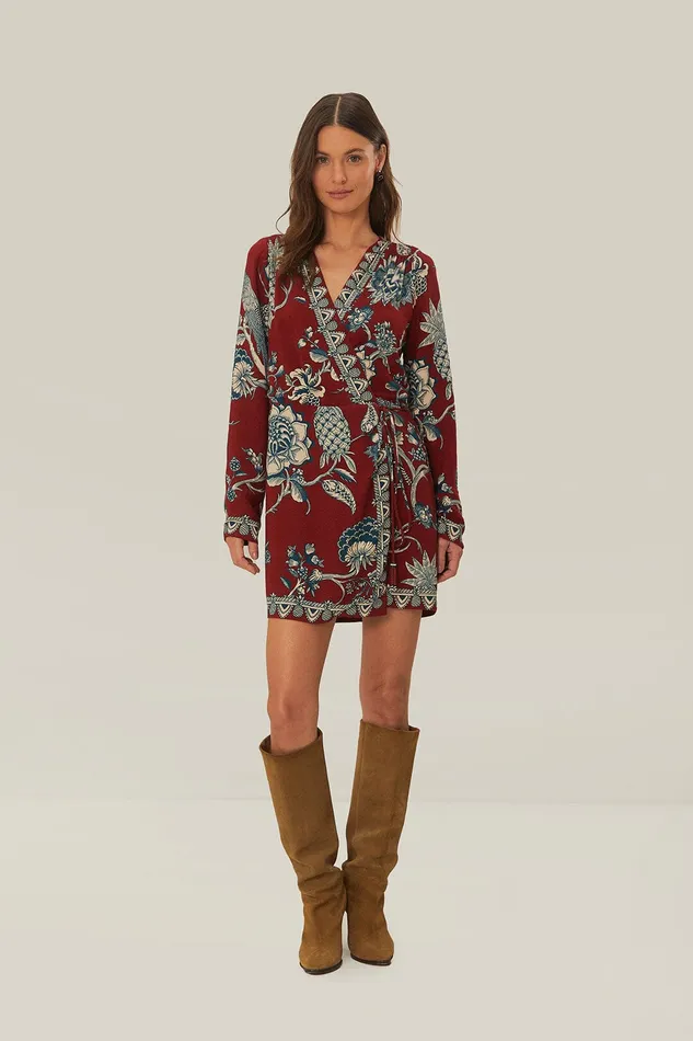 Red Tropical Landing Wrap Mini Dress Women Farm Rio Mini Dresses