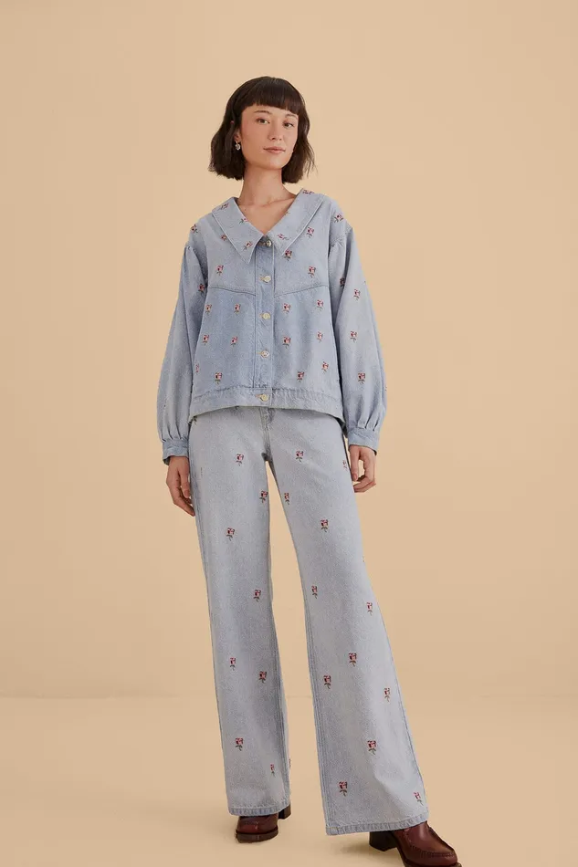 Rose Embroidered Denim Pants Women Farm Rio Pants