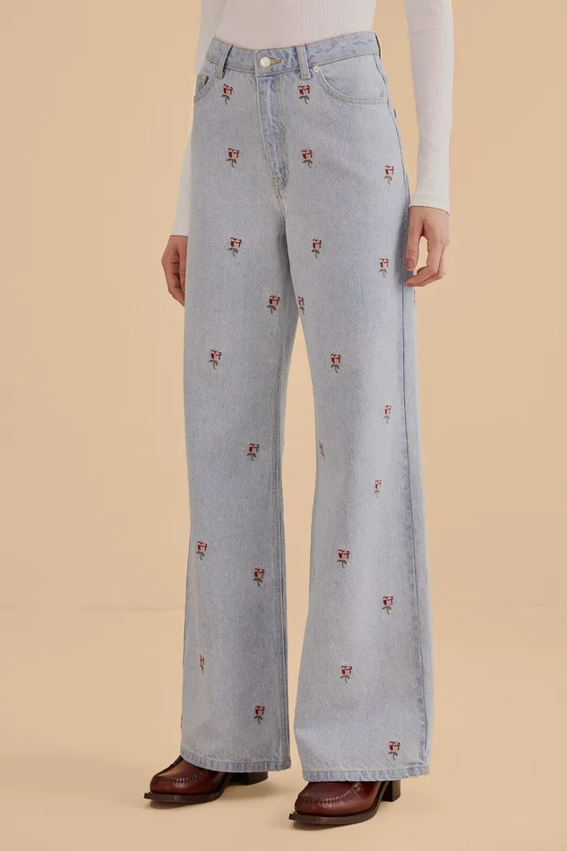 Rose Embroidered Denim Pants Women Farm Rio Pants
