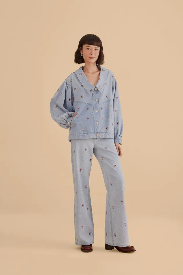 Rose Embroidered Denim Pants Women Farm Rio Pants