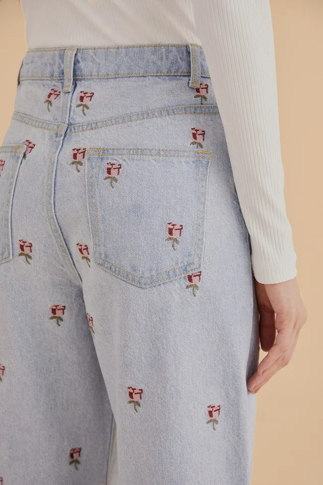 Rose Embroidered Denim Pants Women Farm Rio Pants