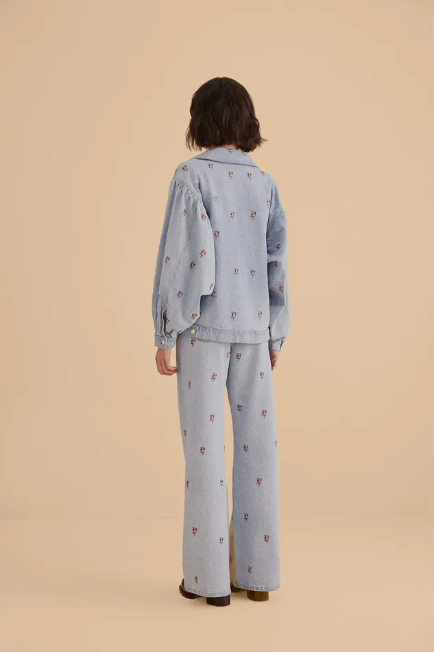 Rose Embroidered Denim Pants Women Farm Rio Pants