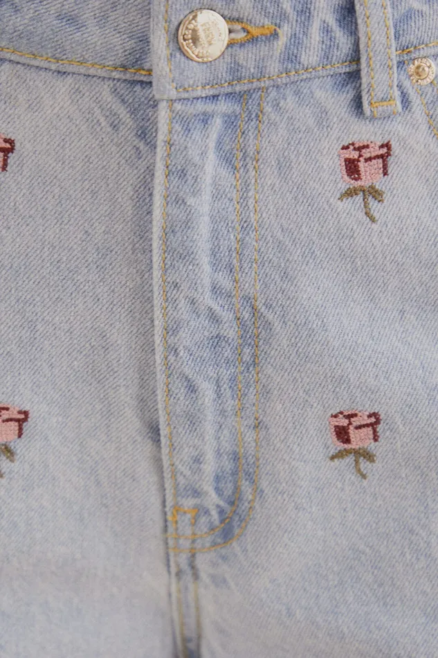 Rose Embroidered Denim Pants Women Farm Rio Pants