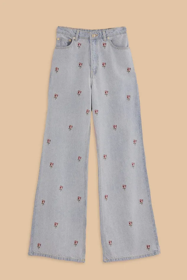 Rose Embroidered Denim Pants Women Farm Rio Pants