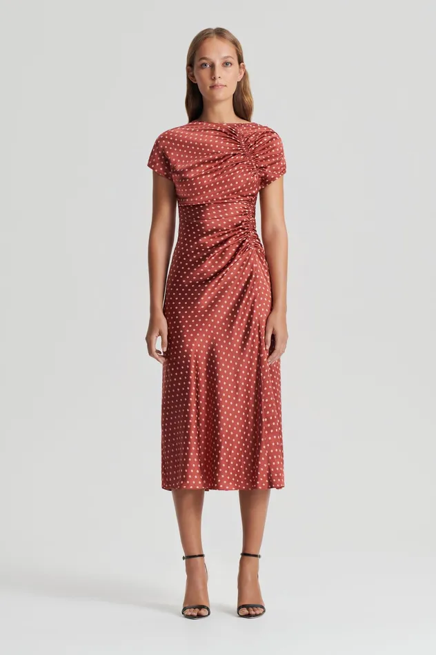 SATIN SPOT PRINT DRESS AMBER Dresses Scanlan Theodore Women SATIN SPOT PRINT DRESS AMBER Dresses Scanlan Theodore Women