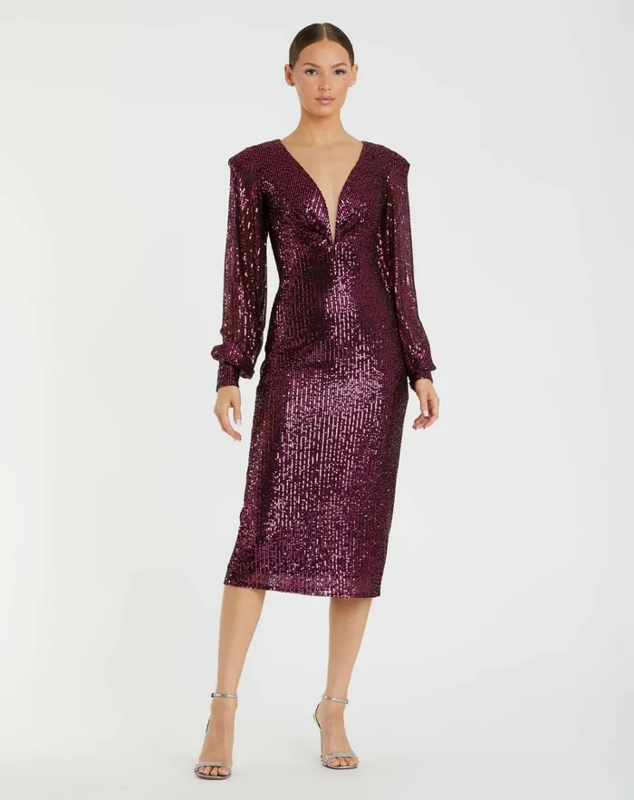 Sequined Structured Bishop Sleeve Midi Dress Magenta Cocktail Dresses Mac Duggal Women