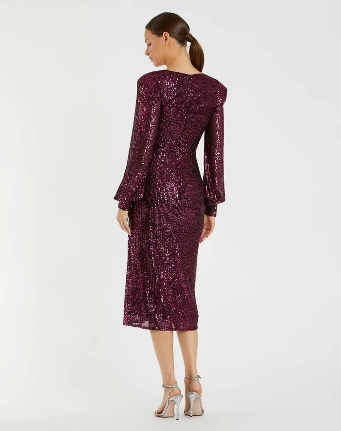 Sequined Structured Bishop Sleeve Midi Dress Magenta Cocktail Dresses Mac Duggal Women Sequined Structured Bishop Sleeve Midi Dress Magenta Cocktail Dresses Mac Duggal Women