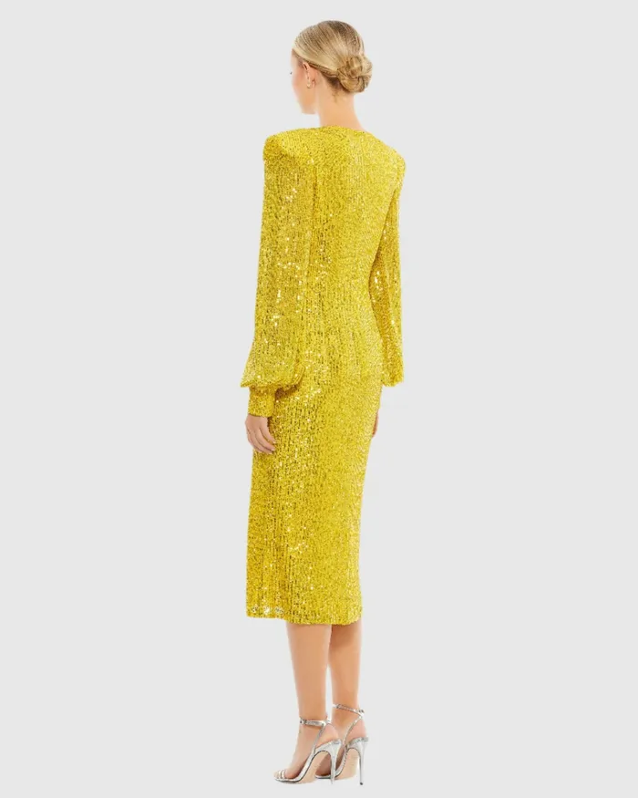Sequined Structured Bishop Sleeve Midi Dress Magenta Cocktail Dresses Mac Duggal Women Sequined Structured Bishop Sleeve Midi Dress Magenta Cocktail Dresses Mac Duggal Women