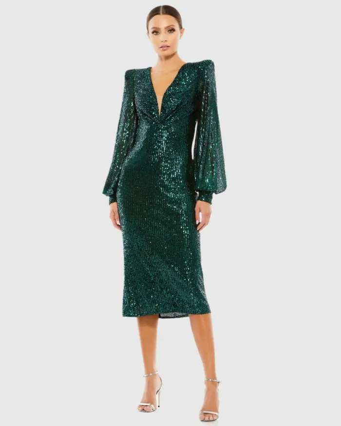 Sequined Structured Bishop Sleeve Midi Dress Magenta Cocktail Dresses Mac Duggal Women Sequined Structured Bishop Sleeve Midi Dress Magenta Cocktail Dresses Mac Duggal Women