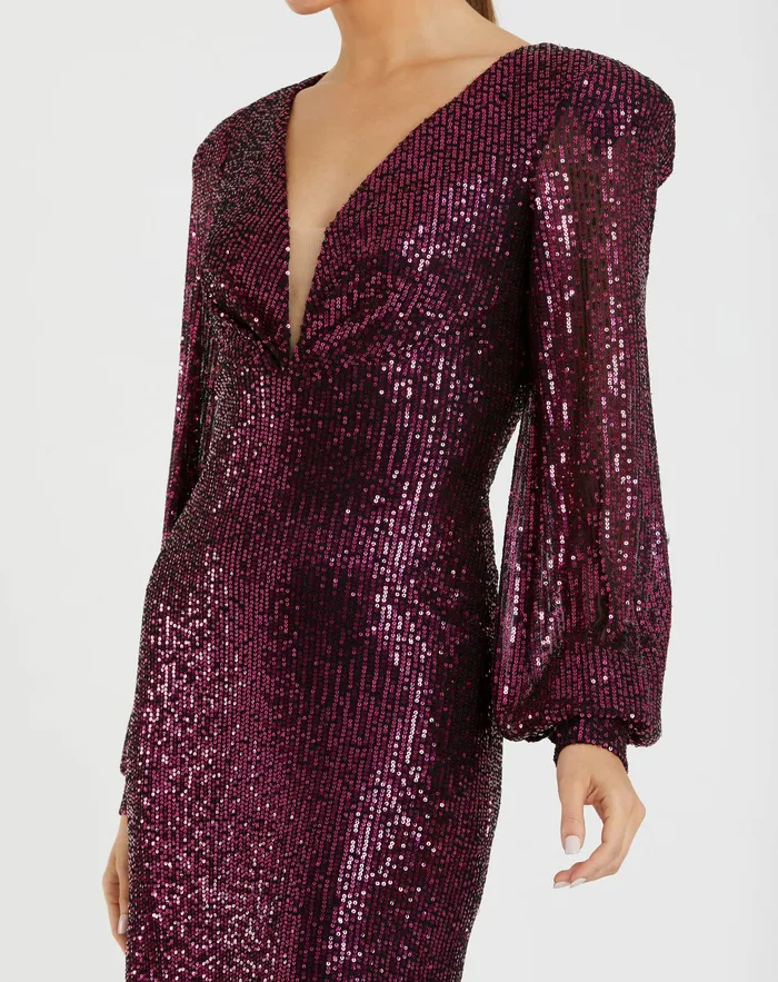 Sequined Structured Bishop Sleeve Midi Dress Magenta Cocktail Dresses Mac Duggal Women Sequined Structured Bishop Sleeve Midi Dress Magenta Cocktail Dresses Mac Duggal Women