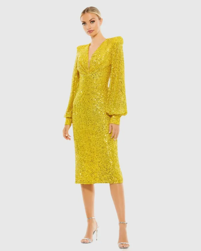 Sequined Structured Bishop Sleeve Midi Dress Magenta Cocktail Dresses Mac Duggal Women Sequined Structured Bishop Sleeve Midi Dress Magenta Cocktail Dresses Mac Duggal Women