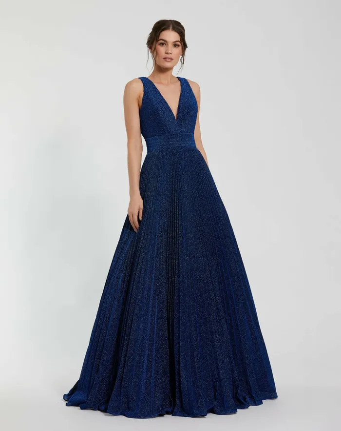 Shimmering Georgette Pleated Sleeveless Gown Royal Best Sellers Mac Duggal Women