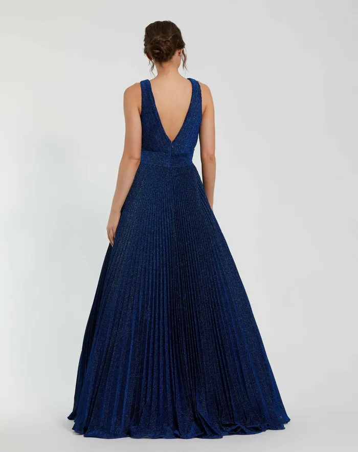 Shimmering Georgette Pleated Sleeveless Gown Royal Best Sellers Mac Duggal Women